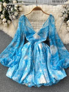 Lässige Kleider SINGREINY Modisches kurzes Kleid mit Blumendruck und langen Ärmeln, transparentes Sommerkleid in A-Linie, französisches Spitzen-Chiffon, Bohemian-Stil, rückenfrei