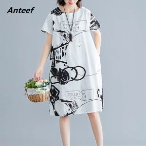 Dress short sleeve cotton linen vintage floral new in dresses for women casual loose midi woman summer dress elegant clothes 2023