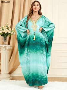 Roupas étnicas Gulf Abayas para Mulheres Boho Retro Tie Dye Impresso Maxi Vestido Bat Manga Lace Fita V-Pescoço Kimono Árabe Casual Vestidos Soltos