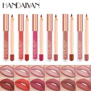 HANDAIYAN12-color Matte Lip Liner Pen e Lip Gloss Combinação Batom Antiaderente Copo Não-desbotamento Lip Glaze Atacado 240301