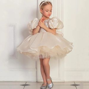 Flower Girl Dresses White Satin Puffy Sequin With Bow Short Sleeve For Wedding Birthday Banquet First Communion Gowns 240306