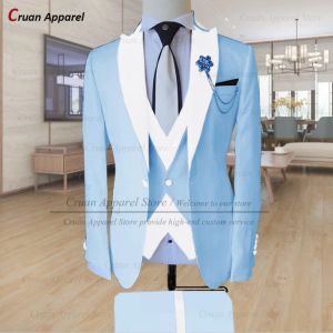 Suits Sky Blue Suit Men Slim Fit Fashion Designs Blazer Vest Pants Set Tailormade Luxury Business Prom Wedding Stage Tuxedos for Men
