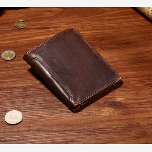 Carteira de couro genuíno vintage com três dobras, design de couro de vaca, porta cartão de identificação, bolsa curta de bolso para moedas, boy293h