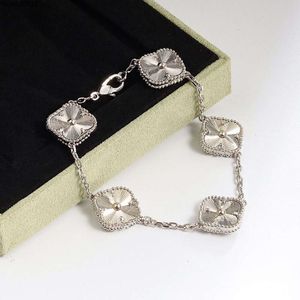 Sterling Silver Charm Diamond Bracelet for Women Inlaid Onyx Jade Chalcedony Womens Designer Fine Flower Four Leaf Clover Jewelry Daily Gift