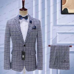 Suits 2023 Men's Grey Blue Plaid Business Blazers Jacketbyxor High End Wedding Party Groom Suit 2 Pieces Set Pock Pants Big Size