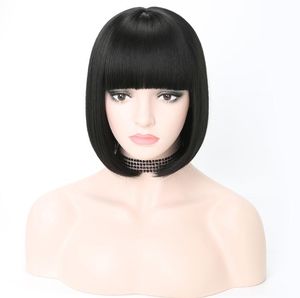 Krótkie syntetyczne peruki bob z grzywką dla kobiet proste czarny, odporny na ciepło kostium cosplay 14 Color9684356