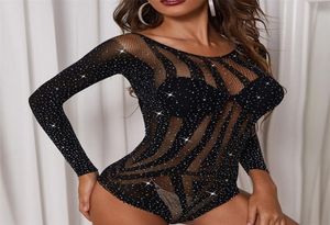 Ladies Sexy Lingerie Bodysuits Top Women Mesh Perspective Decor Long Sleeve Stripes Jumpsuit Night Clubwear Clothes 2205181967300