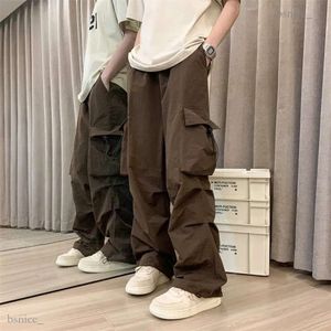 Calças masculinas casuais calças de carga streetwear grande bolso baggy esfregar calças harajuku hip hop solto feminino calças largas perna macacão 828