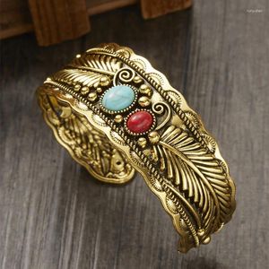 Bangle Boho Vintage Natural Stone Open Cuff Wide Bracelet For Women Antique Red Crystal Leaf Jewelry