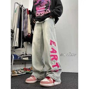 American Style Pants High Street Trend Pink Letter Jeans Mens Straight Leg Wide Floor Mop Versatile in Autumn