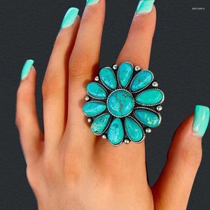 Cluster Rings Big Blue Stone Flower Round Open Vintage Bohemia Ethnic Tribal Exaggerated Finger Ring Party Jewelry Gifts Wholesale