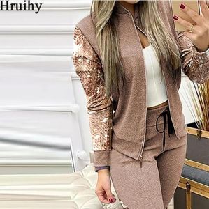 2024 Autumn Winter Two Piece Outfits for Women Fashion Sequins Zipper Coat Tops Drawstring Pants Set Casual Tracksuit Sweat Suits