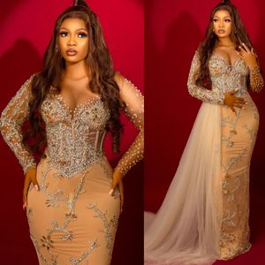 2024 Aso Ebi Gold illusion Guaina Prom Dress Cristalli In rilievo Serata formale Festa Secondo ricevimento 50esimo compleanno Abiti di fidanzamento Abiti Robe De Soiree ZJ143