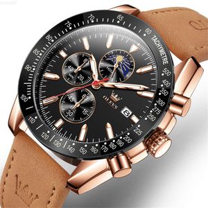 Olevs 9980 Luxus-Soem-Custom-Hot-Selling-Stile aus echtem Leder, multifunktionale, leuchtende Chronograph-Quarzuhr für Herren