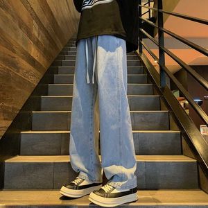 Lace Up Straight Leg Jeans American Loose Fitting Mens Pants Spring and Autumn Washed Fashion Brand Instagram Casual