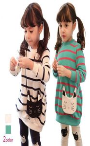 Çocuklar Kız Sonbahar Giyim Elbise 2pcs Suit Karikatür Kedi Stripe Sweatshirtler Elbise Taytlar Kız Setleri Çocuk Elbiseler Seti GX760 3364917