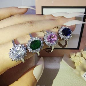 Ins Top Sell Wedding Ournings Prosta biżuteria modowa 925 Srebrny Owalny Owalny Cut Blue Sapphire Capstones Emerald Cz Diamond Party WO219K