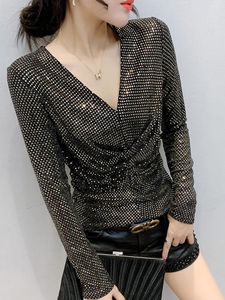 Women's T Shirts V Neck Sequin Blus Women Långärm Slim Fit Shirred Casual Tops Autumn Winter Shiny Sexy Party Female Clothing