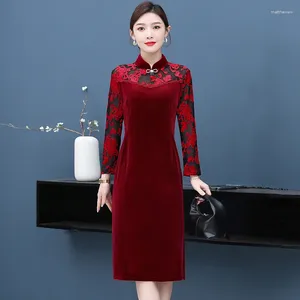 Casual Dresses Vintage Style Stand Collar Long Sleeve Cheongsam Chinese Traditional Qipao Patchwork Jacquard Dress Women Clothing