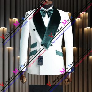 Suits 2023 Latest Design White Jacquard Suits For Men Green Velvet Shawl Lapel Groom Wedding Dress Tuxedos 2 Piece Slim Fit Mens Suit