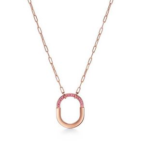 tiffanans Tjia Tijia S925 Sterling Silver Necklace New High Version Lock Head Chain Pink Diamond U-shaped Womens Fashion Simple Collar Chain