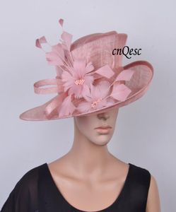 Ny Blush Pink Sinamay Hat Formal Church Hat Sinamay Fascinator Fedora med fjäderblomma för Kentucky Derbywedding1270865