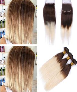 Två ton 4613 Blond ombre front spetsstängning 4x4 med 3bunds rakbrun och blond ombre jungfru malaysisk mänsklig hår weft5836979