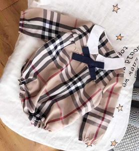 2020 Neue Baby-Mädchen-Bogen-Krawatten-Karo-Strampler-Säuglingskinder-Revers-Langarm-Overalls Designer-Kinderkleidung Baby-Jungen-Baumwollleinen rom9688571