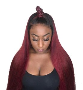 Ombre Borgonha em linha reta sem cola peruca dianteira do laço cabelo virgem brasileiro dois tons color1B 99J peruca de cabelo humano com cabelo do bebê 2311035