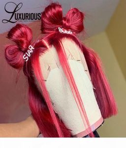 Kısa bob renkli insan saç perukları 200 yoğunluk düz kırmızı dantel ön peruk brezilya bordo kapanma peruk şeffaf dantel peruk7157040