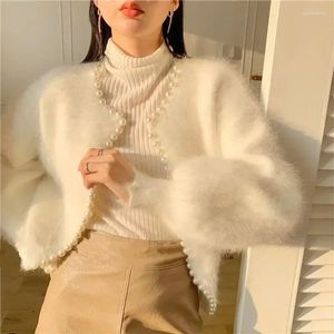 Damenstrick TPJB Mode Süße Laternenärmel Nerz Kaschmir Pullover Strickjacke Koreanische Perlen Kausal Strickwaren Offener Stich