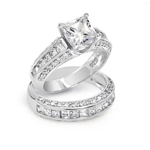 Cluster anéis princesa corte laboratório diamante anel conjunto 10kt branco ouro noivado casamento banda para mulheres nupcial promessa festa jóias presente