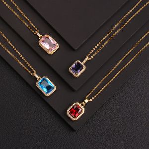 High Quality Glass Crystal Square Zircon Necklace Brass Pendant Necklace Stainless Steel Chain Plated Gold Necklace for Women 2468