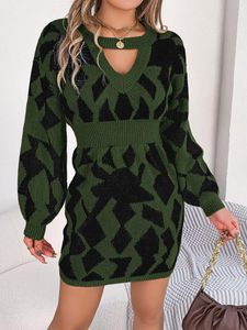 Casual Dresses Dress for Women Autumn and Winter Hollow Geometric Pattern Lantern Sleeve Wrap-Around Hips Tröja