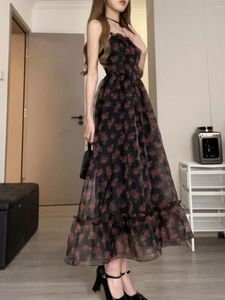 Casual Dresses Women's Night Rose Floral Suspender Summer 2024 Elegant Holiday Dress Party Vintage Female Korean Formal Long Dress.