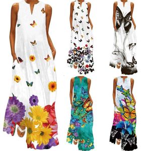 Vestidos femininos de verão moda sexy digital impresso decote em v sem mangas maxi vestido bolso s