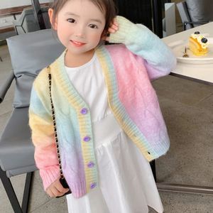 Rainbow Sticke Cardigan tröja Kids Girl Autumn Winter Sweet Kawaii Coat Children Korean Button Down 240301