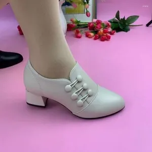 Spring Dress 898 Mid-Heel Shoes 2024 Women's Leather Shallow Mouth Thick With Mother Low-Top Single