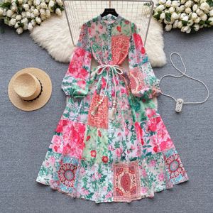 Vestidos casuais básicos 2024 de alta qualidade primavera mulheres moda runway feriado maxi vestido com lanterna de cinto manga longa flor impressa boho robe vestidos