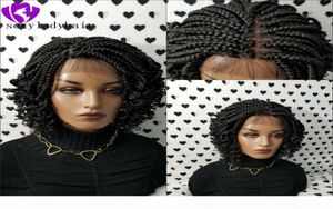 200 densidade completa curto trançado perucas caixa tranças perucas para preto feminino rendas frente trança peruca encaracolado 14 polegada preto marrom com corpo hair6579658