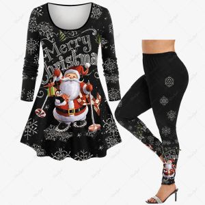 Passar New Women's Christmas Hat Tree Penguin Snowflake Candy Fruit Knappar Bälte 3D Print Tshirt eller Leggings Daily Casual Matching Set