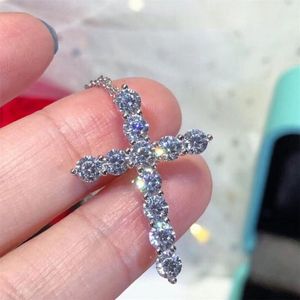 Neue Ins Kreuz Anhänger Luxus Schmuck 925 Sterling Silber Runde Cut Weiß Topas CZ Diamant Edelsteine Glück Party Frauen Halskette wit323D