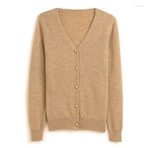 Damen-Strickjacke aus Wolle für Herbst und Winter, einfarbig, einfacher Pullover mit V-Ausschnitt, lange Ärmel, lockerer bequemer Kaschmir