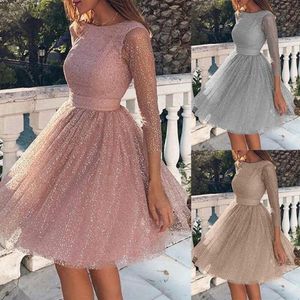 Women Sexy Backless Cocktail Dresses Jewel Sheer Neck Long Sleeve Homecoming Gowns Glitter Female Elegant Pleated Dress235F