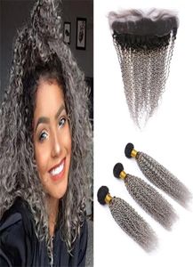 Preto a cinza ombre encaracolado cabelo humano tecer pacotes com fechamento frontal de renda kinky encaracolado raízes escuras cinza ombre cabelo indiano e fro9988307