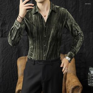 Camisas casuais masculinas 2024 luxo veludo listrado homens outono inverno manter quente de mangas compridas slim fit vestido social de negócios
