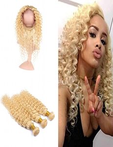 Blond 613 Deep Curly Human Hair Wefts med 360 stängning PRECLECKED 360 Front med jungfru Deep Wave Hair 3 Bunds Extension1322645