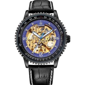 Orkina Large Dial Skeleton Automical Mechanical Watches Men Black Leather Strap男性リストウォッチ