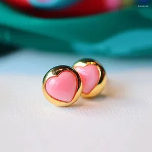 Brincos de garanhão moda antigo artesanato de ouro brilhante design original em forma de coração esmalte rosa para mulheres pequenas joias requintadas