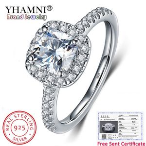 Yhamni enviado certificado de luxo 10%% original 925 prata 8 8mm 2 quilates cristal quadrado zircônia diamante anéis de casamento para mulheres268p